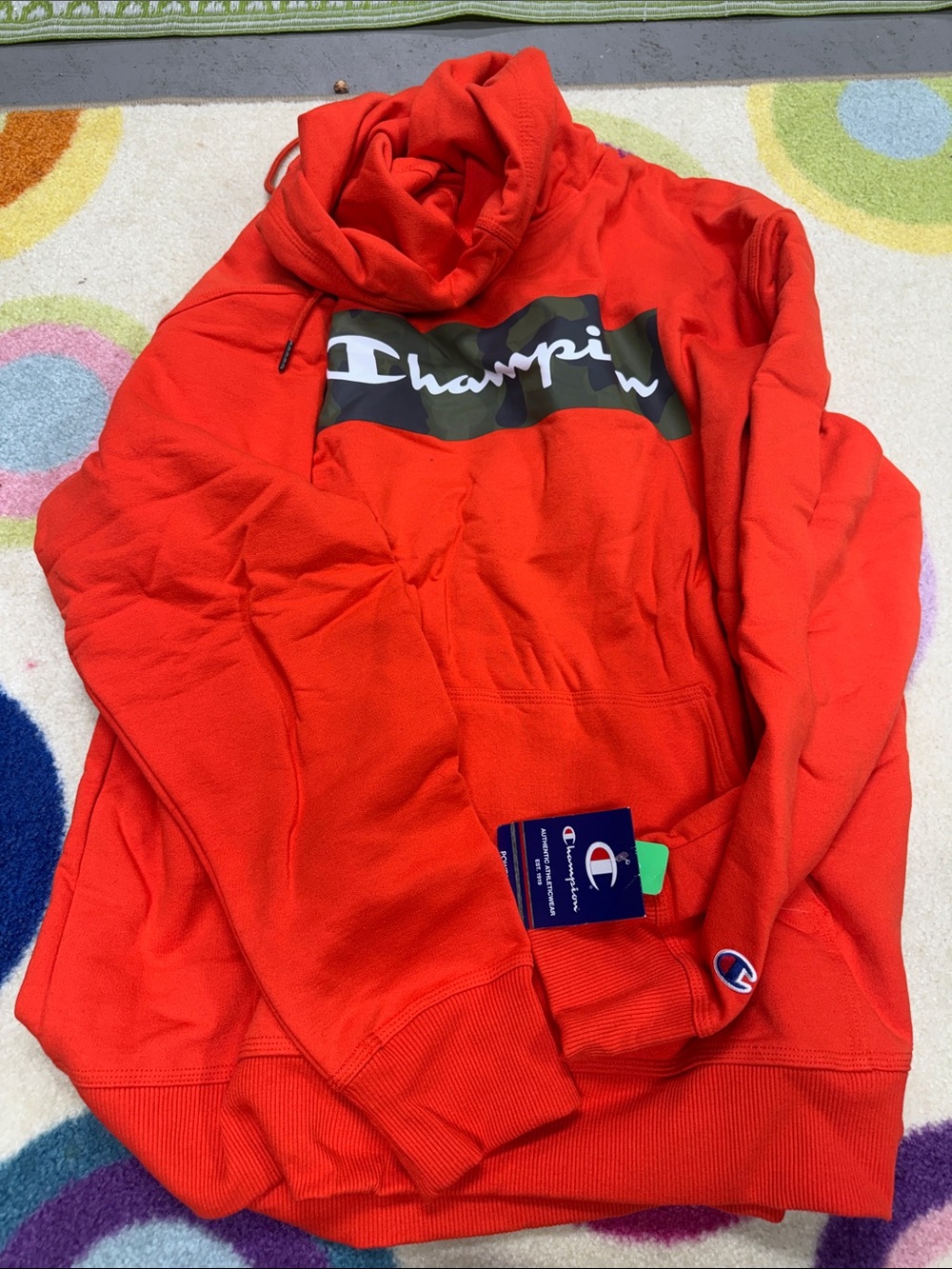 Champion Red Crewneck Pullover with Camo Logo Panel